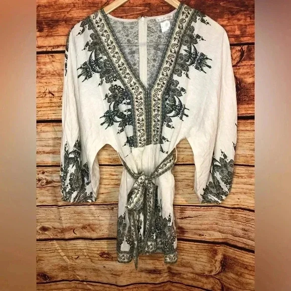 NWOT Venus White Multi Paisley Linen Blend Blouson Slv Romper - Picture 11 of 16